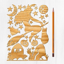 Ajoure Fine Lasercut Embelishments # Flying Witch Tombstones Cats and Stars Vintage Veneer Wooden Plywood Silhouette for Craft