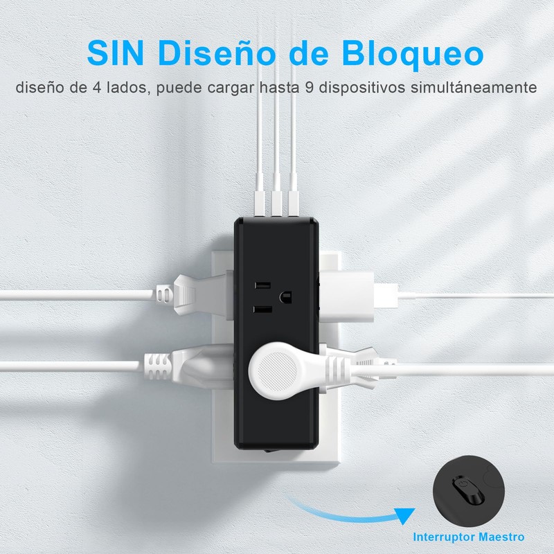 NVEESHOX Regleta Enchufe Multiple, Multicontacto USB con 6 Salidas CA