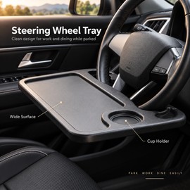 Car Steering Wheel Tray for Eating & Laptop Use – Built-In Cup Recess for Parked-Car Meals and Work