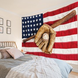 HVEST Tapiz deportivo de béisbol y murciélago para colgar en la pared con bandera americana, tapiz de pared para dormitorio, sala de estar, dormitorio, fiesta, decoración de pared, 200 x 150 cm