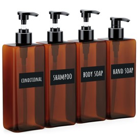 Segbeauty Square Pump Bottle 500 ml, Set of 4 Plastic Soap Dispensers for Filling, Empty Dispenser with Labels for Shampoo, Lotion, Conditioner, Body Soap, Hand Soap, Translucent Brown/Amber