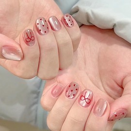 Press On Nails, Cat Eye‘s Beauty Pattern in Glue on Nails, Fake Nails, Stick On Nails, Short Almond Square Shape on 24PCS (Red Bow)