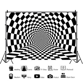 AOFOTO 7x5ft Black and White Check Backdrop for Photography Futuristic Perspective Pipeline Tube Endless Tunnel Striped Spiral Vortex Background Chessboard Texture Racing Themed Birthday Decoration