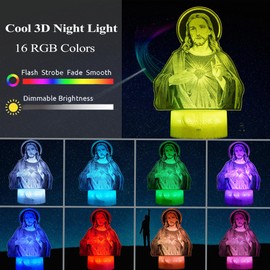 POSSHE Jesus Night Light, Jesus Gifts, Christian Gifts, 3D Illusion Night Light, 16 Colors Changing, Remote Control with Dimmer, Religious Christian Birthday Creative Commemorate Gifts Decoration