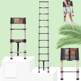 ZanGe 3.2M / 10.5FT Stainless Steel Ladder, Multi-Purpose Straight Heavy Duty Extension Ladder 330 lbs/150kg Capacity, Portable Tall Loft 11 Steps Foldable Telescopic Ladder with Non-Slip Feet