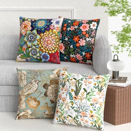 Gukeniu Throw Pillow Covers, 18x18 Inch Cotton Linen Pillow Cases Pack of 4, Decorative Bed Case for Couch Bedroom Sofa Living Room Patio, Farmhouse Modern Home Decor, Colorful Retro Flower Birds
