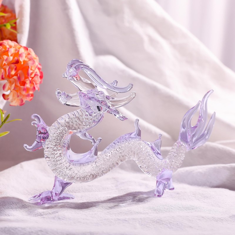 LONGWIN Crystal Dragon Statue Hand Blown Glass Dragon Figurines Chinese