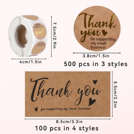 600 Pieces Thank You for Supporting My Small Business Stickers and Cards Set, Brown Kraft Paper Cute Thank You Cards and Custom Stickers for Envelope Seal Retail Store Package Small Business Supplies