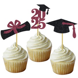 Graduation Cupcake Toppers Grad Party Decoration Food Picks Congrats Glitter Diploma Cap School Colors Supplies 24 PCS Maroon