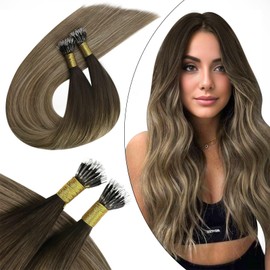 Ugeat Nano Bead Hair Extensions Balayage Dark Brown to Golden Brown Mix Golden Blonde Ombre Human Hair Extensions Pre-Tied Nano Hair Extensions 16 Inches 50 g 50 Strands