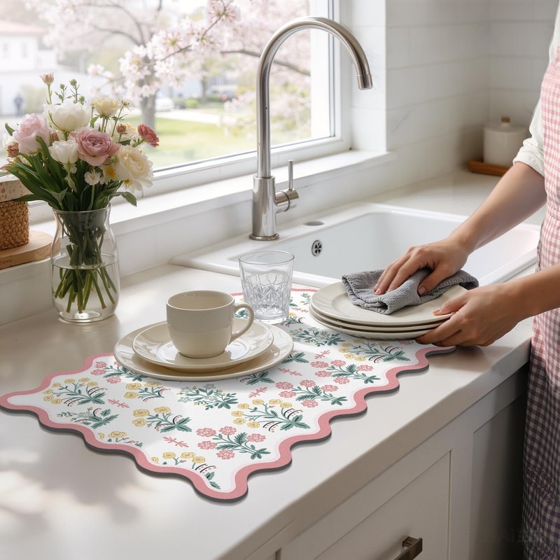 1 Pack Scalloped Floral Dish Drying Mat, 12"x20" Coffee Mat