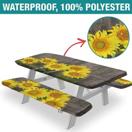 QUCDECIS Sunflowers Picnic Bench Fitted Table Cover, Brown Yellow Helianthus Against Weathered Aged Fence Table Cloth, 28x72 Inch, 3 Piece Set, for Picnics Indoor and Outdoor Dining Decor