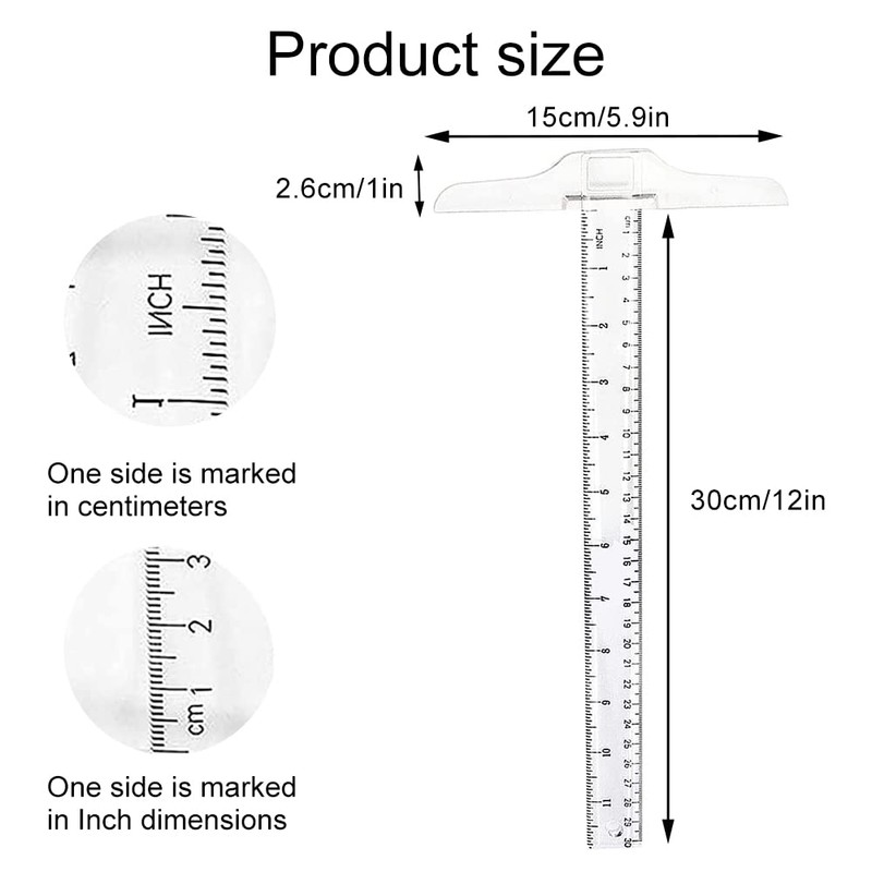 T Ruler Double Sided Plastic T-Square Metric Ruler, Transparent T