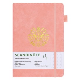 Scandinote A5 Bullet Dotted Journal - Pink, 208 Pages, 120gsm Paper, Vegan Leather Cover, 3 Bookmarks, Pen Loop, Pocket, Index, 180° Lay-Flat, 5mm Dot Grid for Bullet Journaling & Planning