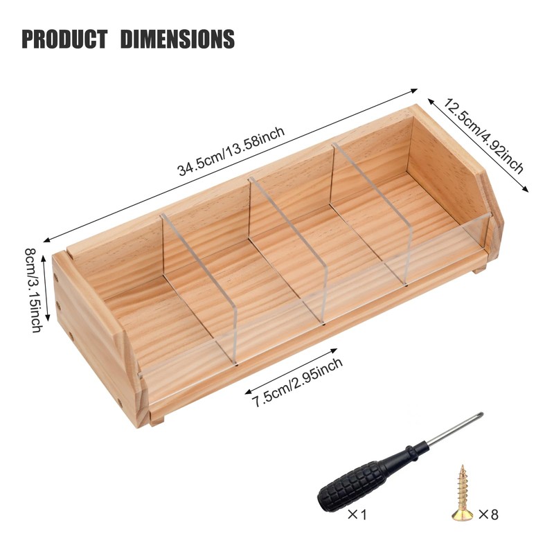 Tea Bag Storage Organizer, Natural Wood and Clear Acrylic, 4-Section