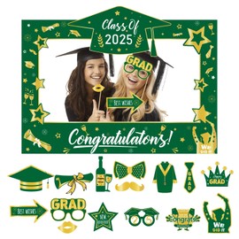 2025 Graduation Photo Booth Props, Grad Selfie Photo Booth Frame Black and Green with 15 Pcs Graduation Photo Booth Props for College Grad Party Supplies