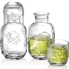 Goaste 2 Sets Bedside Water Carafe with Tumbler, 16oz Vintage Nightstand Glass Pitcher with 5oz Cups, Clear Mouthwash Decanter with Embossed Rose Design for Bathroom, Bedroom, Bar, Kitchen