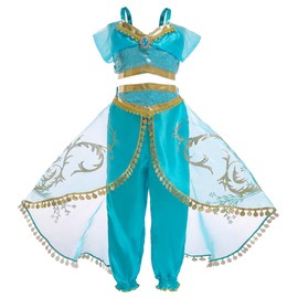Jurebecia Girls Jasmine Costume Dress Up Kids Princess Clothes Birthday Cosplay Party Arabian Prince Costume 3-4 Years