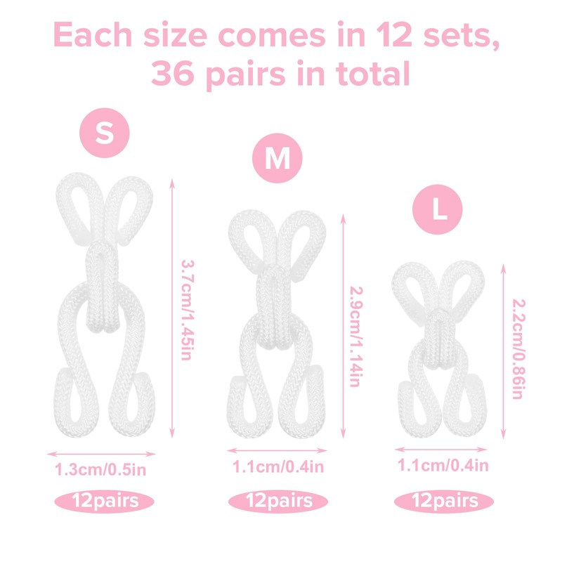 36 Pairs Sewing Hooks and Eyes Closure, 2.2/2.8/3.5cm White Metal
