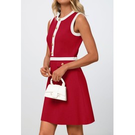 MEROKEETY Women's Summer Sleeveless Mini Dresses Button Crewneck A Line Elegant Sweater Tank Dress, Red, Small
