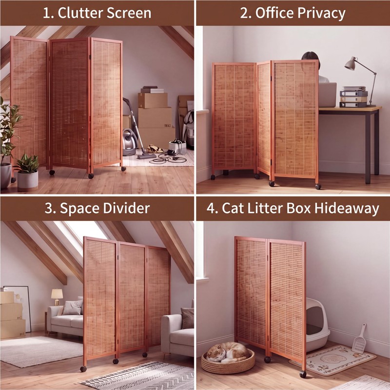 Yoojahow 4 Panel Rolling Bamboo Short Room Divider with Wheels,