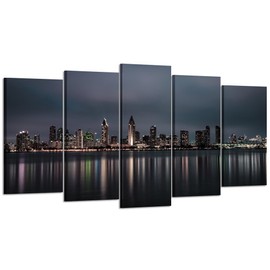 Kreative Arts Large 5 Panel Canvas Prints Night Skyline of San Diego Downtown California Wall Art Long Exposure Photographic Panorama Photo Picture Art Work for Home Walls (Medium Size 40x24inch)