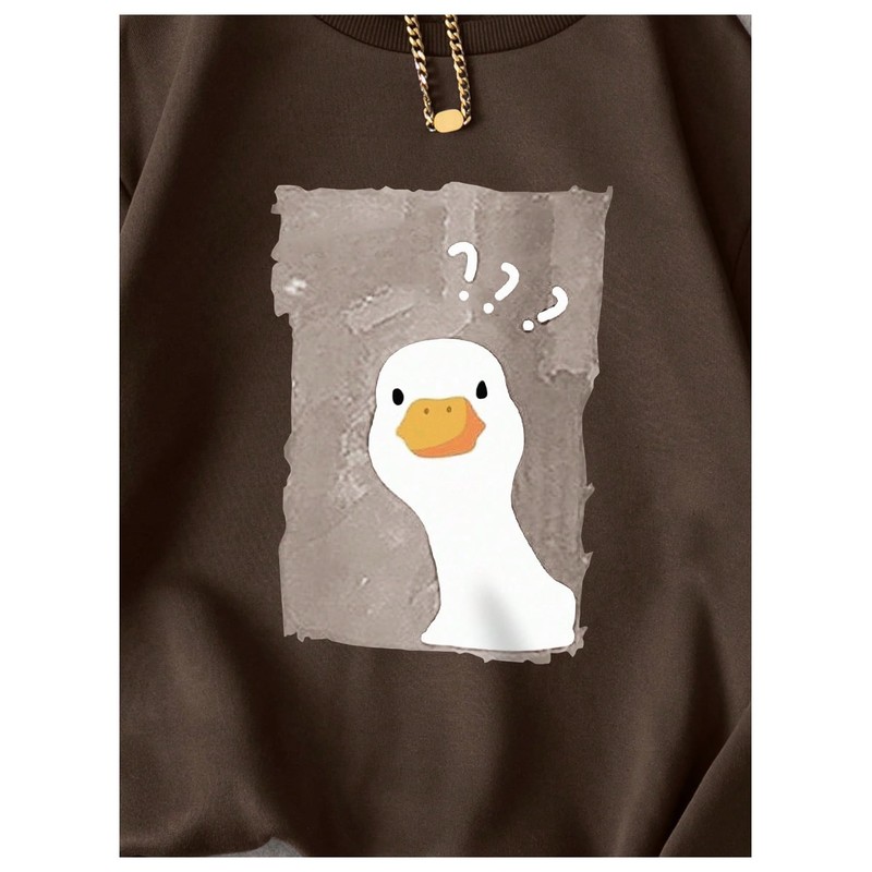 WDIRARA Women's Cartoon Duck Printed Crew Neck Sweatshirt Graphic Long