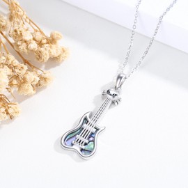 Guitar Necklace 925 Sterling Silver Cute Cat Head Guitar Pendant Abalone Shell Necklace Music Guitar Jewelry Musicians Gift for Women Men Guitar Lover Music Lovers