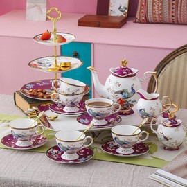 ACMLIFE Bone China Tea Set - Floral Fine China Tea Set Fuchsia Bone China Coffee Tea Set for 6 Vintage English Tea Sets for Adult 21-Piece with Teapot for Women
