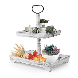 QLoztyse Wooden 2 Tiered Tray Stand - White Rustic Fruits Food Serving Trays with Handles, Rectangle Farmhouse Tiered Tray Decor for Kitchen, Home, Party, Daily
