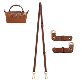 BEUDW Purse Strap Leather Purse Crossbody Adjustable Shoulder Strap for Suitable for Long Champ Handbags (Brown+Gold Hardware)