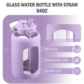 BLUEGO 84oz Water Bottle Glass with Stainless Steel Handle Large Water Bottle with Time Markers and Silicone Sleeve Half Gallon Water Jug BPA Free for Gym Daily Use, Purple