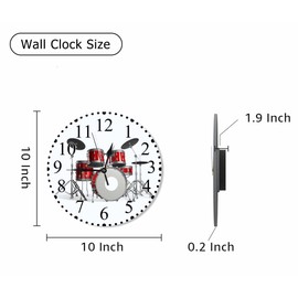 KEEPSUPER Music Wall Clock Red Silver White Rock N Roll Jazz Musical Instrument Cool Drum Clock 10 Inch Silent Non-Ticking Clocks Battery Operated for Home Living Laundry Room Kitchen Bedroom Office
