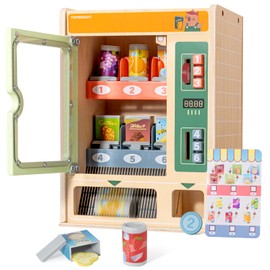 TOPBRIGHT Wooden Vending Machine Play Set for Preschoolers 3+, Kids Pretend Play Toy for Boys and Girls with Snack Bars, Drink Cans & Coins