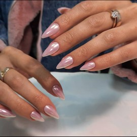 Baby Pink Chrome Press on Nails Medium Almond,KQueenest Iridescent Stiletto Fake Nails with Designs,Glossy Glue on Nails with Mirror Effect,Pearlescent Acrylic Nails for Women Girls 24Pcs
