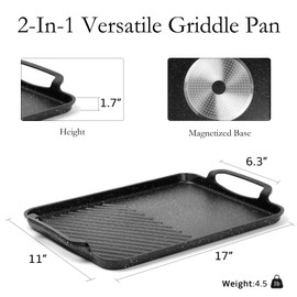 ESLITE LIFE 11" x 17" Nonstick Grill Pan for Indoor Cooking & Outdoor Grilling, Versatile 2-In-1 Induction Large Steak Pan for Stove Tops, PFOA Free, Black
