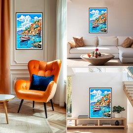 KEYIFA Diamond Painting Kits for Adults Seaside Town, 5D DIY Boat Diamond Art Painting Full Drill, Gem Crystal Art Pictures Diamond Painting Kits, Home Wall Decor 30x40cm