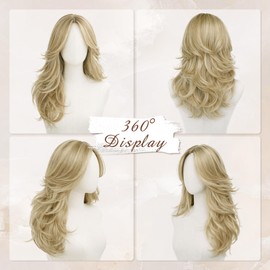 Dirty Blonde Wigs for Women Long Wavy Layered Wig with Curtain Bangs