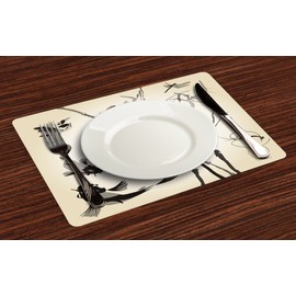 Lunarable Japanese Place Mats Set of 4, Japanese Traditional Garden Design Wildlife Forest Meditation Origami, Washable Fabric Placemats for Dining Room Kitchen Table Decor, White Black