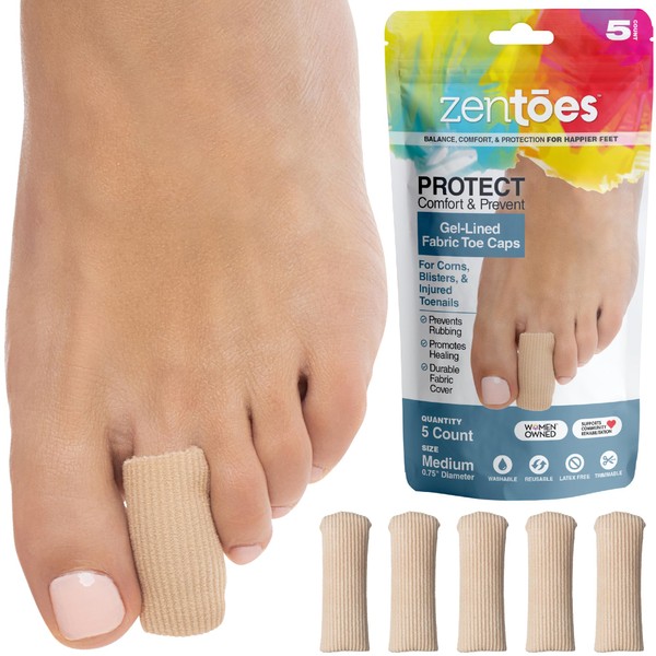ZenToes 5 Pack Toe Caps Closed Toe Fabric Sleeve Protectors with Gel Lining, Prevent Corn, Callus, Blister Development Between Toes, Soften and Soothe The Skin (Size Medium)