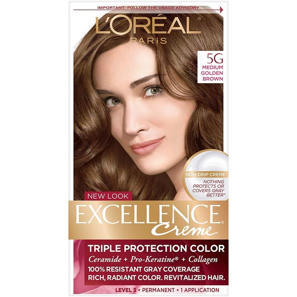 L'Oreal Paris Excellence Creme Permanent Hair Color, 5G Medium Golden Brown, 100 percent Gray Coverage Hair Dye, Pack of 1