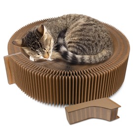 Cat Bed Scratcher Lounge - Cardboard Collapsible Pet Scratching Pad, Round Cat Scratch Nest for Indoor Big Large Kitty Kitten