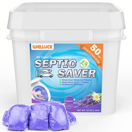 WELLUCK 50 Packs RV Toilet Treatment Drop Ins, Black Tank Deodorizer for Camper, Marine Portable Toilet, Break Down Waste and Tissue, Septic Tank Treatment, Kit for 50 Week（Lavender）
