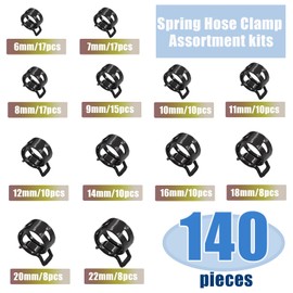 Tnisesm 140 Pcs 12Values 6-22mm Spring Hose Clamp Assortment kits Silicone Vacuum Hose Action Low Pressure Air Clip Clamp hoses clamps sleeving(Black)