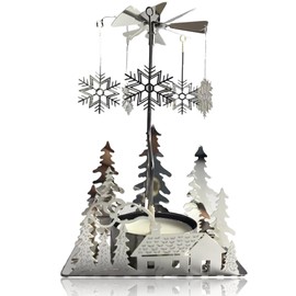 Silver Winter Cabin Candle Spinner - Silver Plated Laser Cut Winter Scene Cabin Trees Design with Snowflake Charms - Tea Light Candle Holder - Christmas Décor