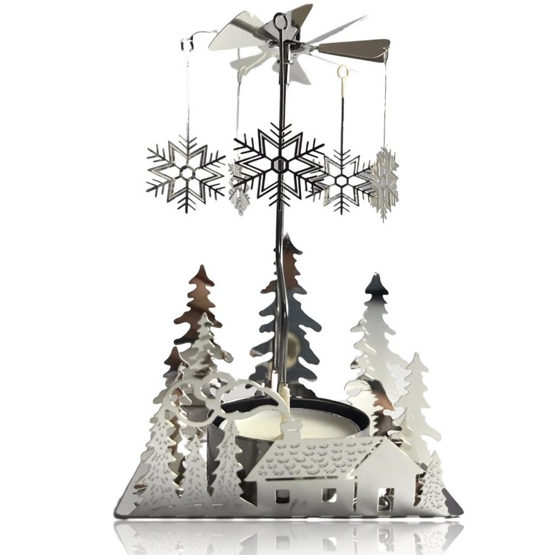 Silver Winter Cabin Candle Spinner - Silver Plated Laser Cut