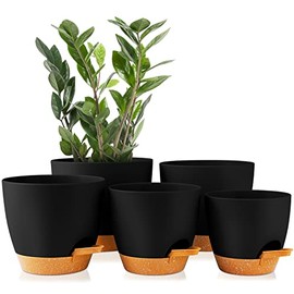 Plant Pots 7/6.5/6/5.5/5 Inch GARDIFE Self Watering Planters with Drainage Hole, Plastic Flower Pots, Nursery Planting Pot for All House Plants, Succulents,Snake Plant, African Violet, Flowers,Black