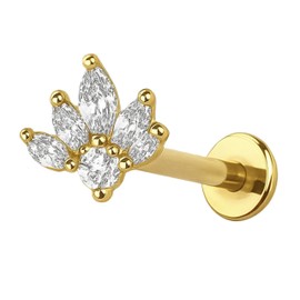 KIWI DAISY Gold-Plated Lotus Marquise CZ Threadless Labret Stud, 18GA Surgical Steel Flat Back Earring, Push-In Cartilage Monroe Lip Tragus Jewelry, Tiny Threaded Flat Back Post, (1 Piece)