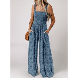 Dokotoo Jumpsuit Women's Summer Floral Pattern Dungarees Casual Loose Overalls Wide Leg Playsuit Long Romper with Pockets S-2XL, blue