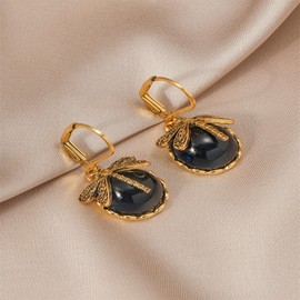 Vintage Dragonfly Moonstone Earrings Gold Plated Boho Statement Gemstone Butterfly Insect Animal Chic Purple Crystal Rhinestone Dangle Leverback Earrings for Women Ethnic Style Fashion Jewelry Gifts (Dark blue)